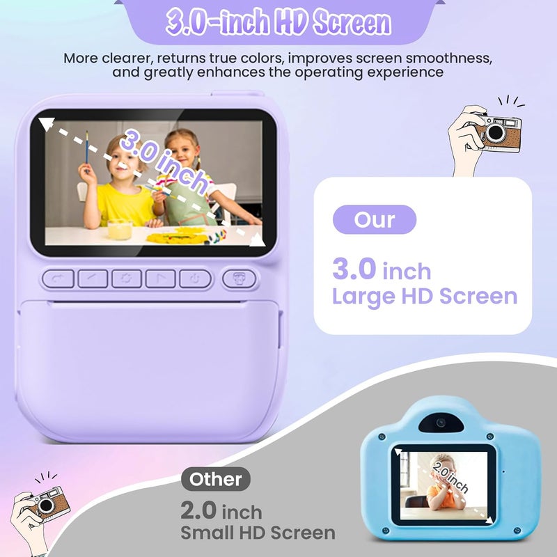 Gofunly Kids Camera Instant Print, 3.0" HD 32MP Kids Camera Christmas Birthday Gifts for 3 4 5 6 7 8 9 10 11 12 Year Old Girls Boys, 32GB SD Card-Purple - Image 2